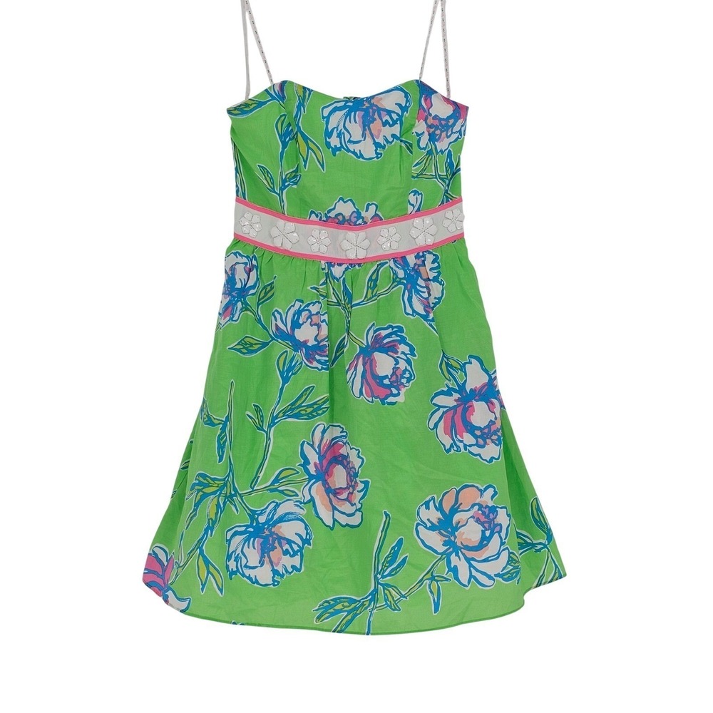Lilly Pulitzer Langley Silk Cotton Strapless Dress 00 Green Floral Beaded Preppy - Picture 2 of 16